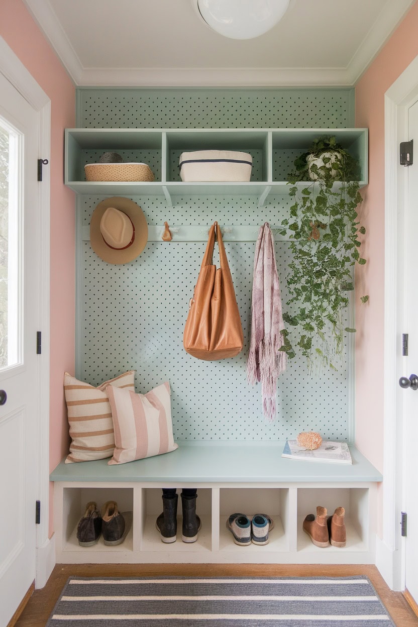 Mudroom entryway featuring custom pegboards, storage space, and decorative elements.