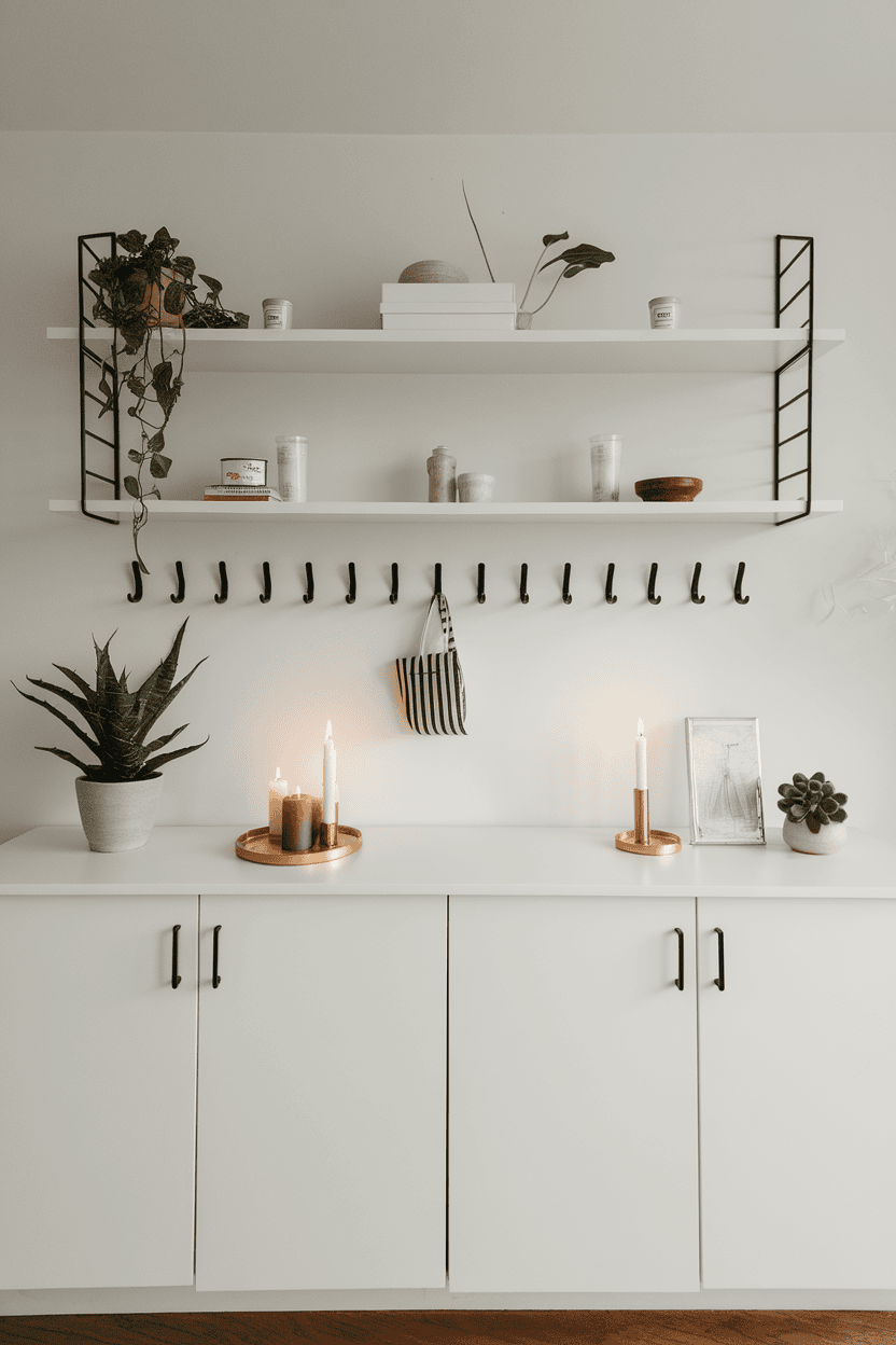 Mudroom cabinetry with floating shelves and hooks, featuring plants and decorative items.