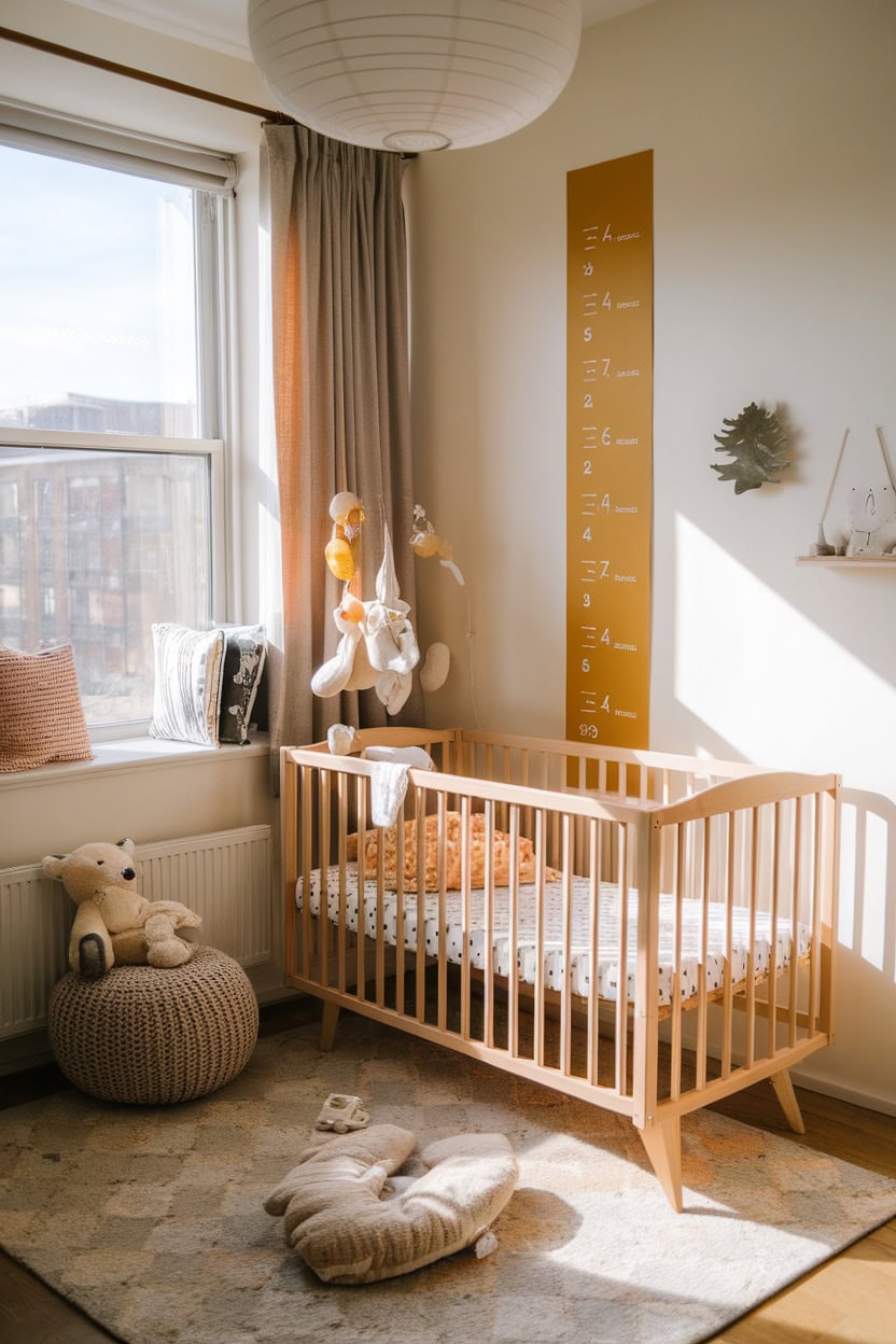 A cozy nursery featuring a mustard yellow growth chart next to a wooden crib.