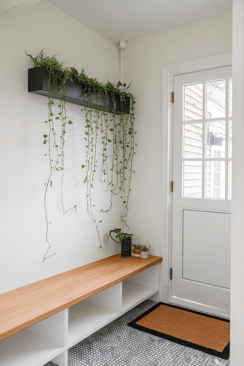 Scandinavian mudroom with a vertical garden on the wall, featuring lush greenery and a cozy entryway.