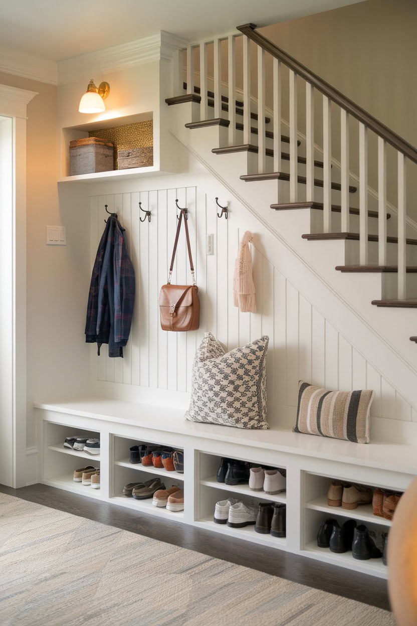 A tiny mudroom featuring under-stair storage with hooks for jackets and bags, and a bench with shoe storage.