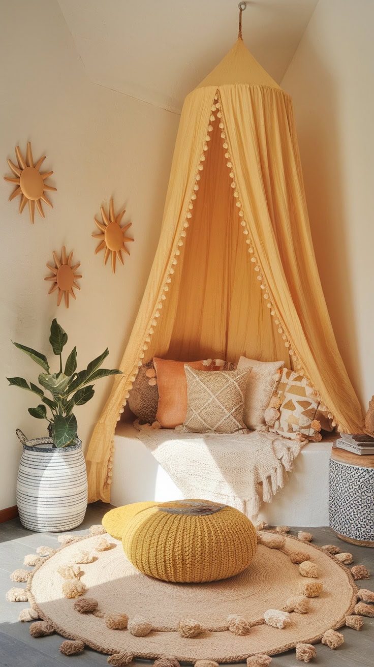 A cozy canopy reading nook in a nursery with soft pillows, a circular rug, and decorative sun-themed wall art.