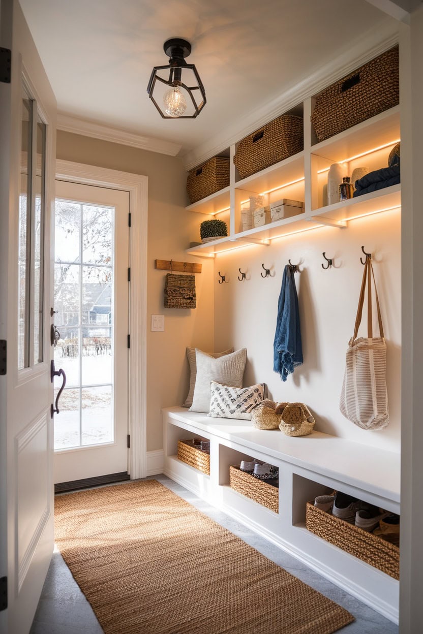 A cozy mudroom entryway featuring a stylish light fixture, storage baskets, and a welcoming atmosphere.