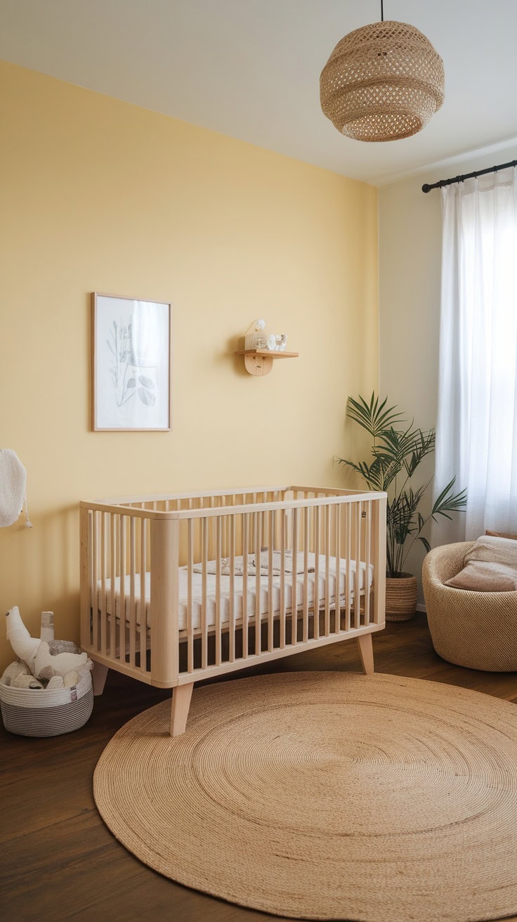 A serene nursery with pastel yellow walls, a wooden crib, and natural decor.