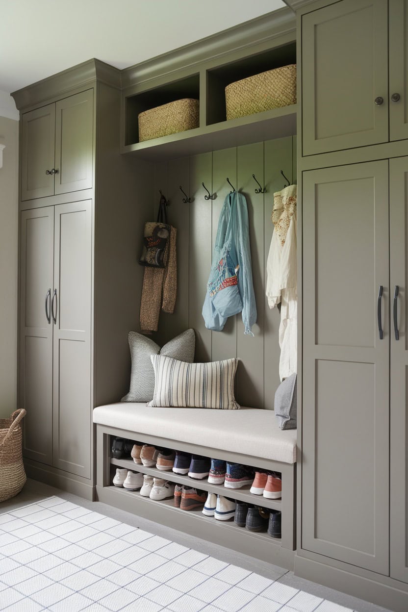 Mudroom with gray cabinetry featuring hidden bench storage and organized shoe space.