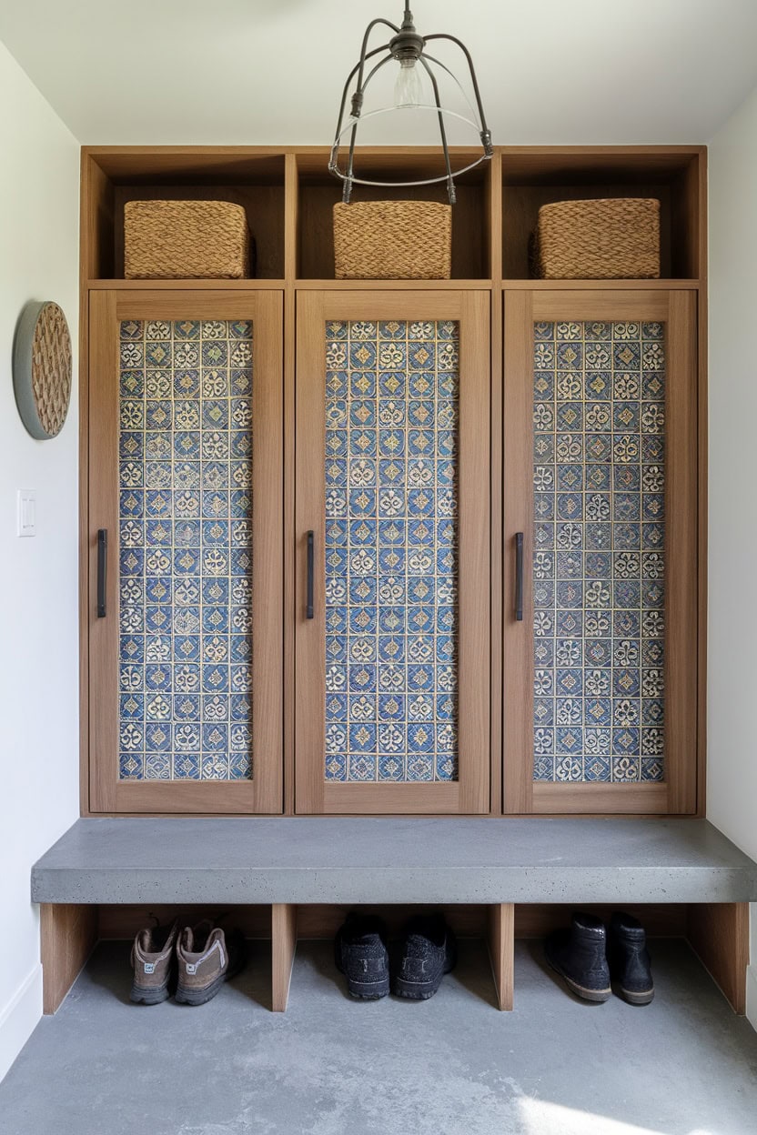 Mudroom lockers with patterned tile inlay doors and a concrete bench