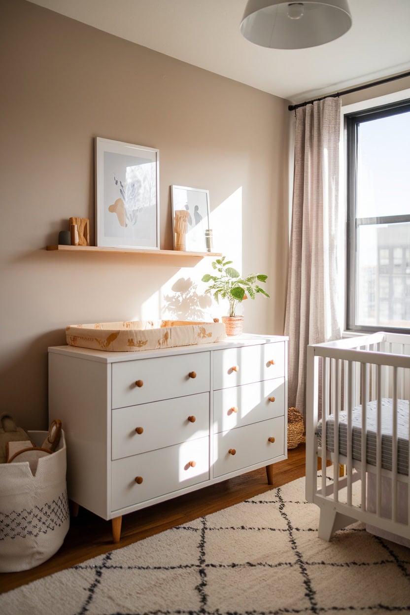 A cozy nursery with a white dresser featuring mustard yellow drawer knobs.