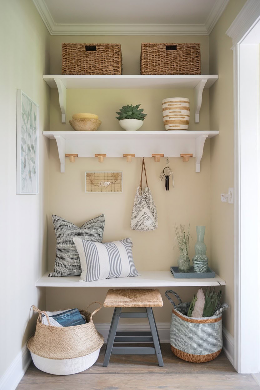 A cozy tiny mudroom featuring corner shelves with decorative items and a small bench