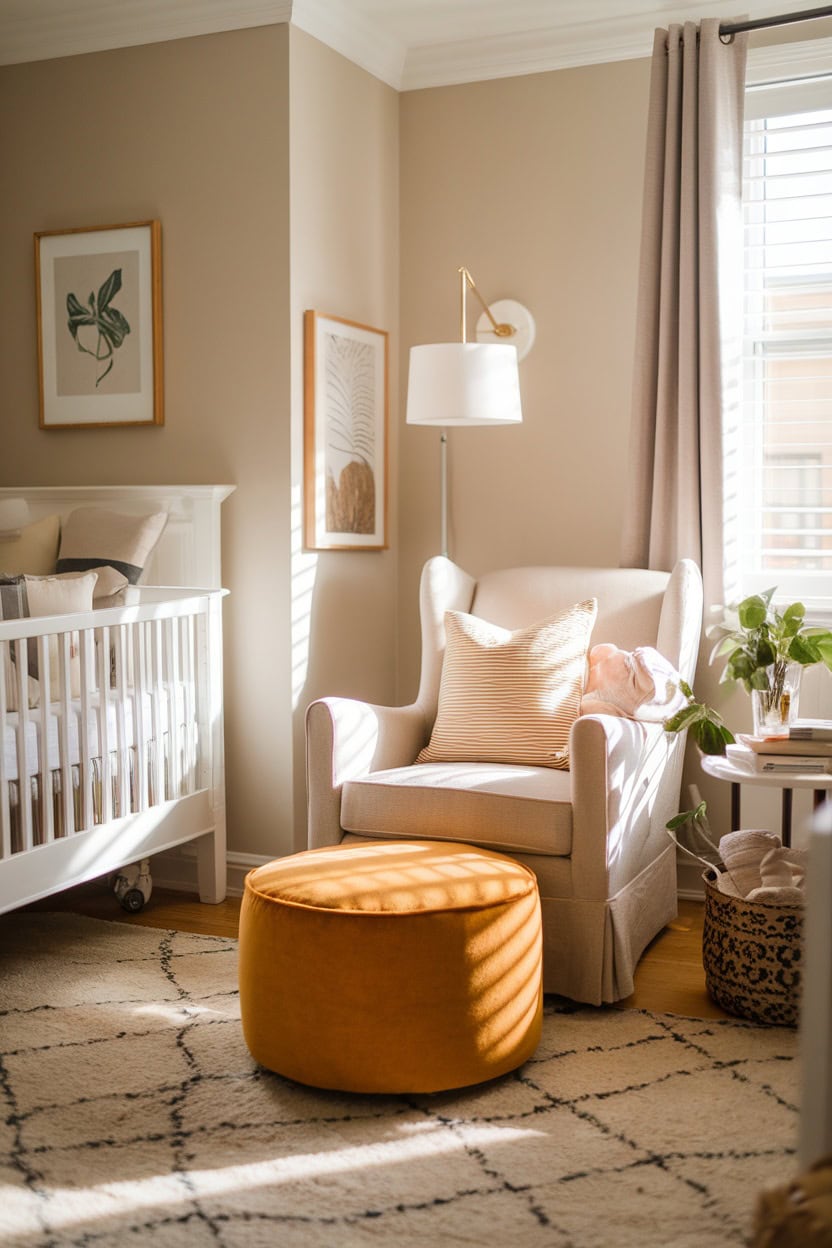 A mustard yellow ottoman in a cozy nursery setting with a crib and armchair.