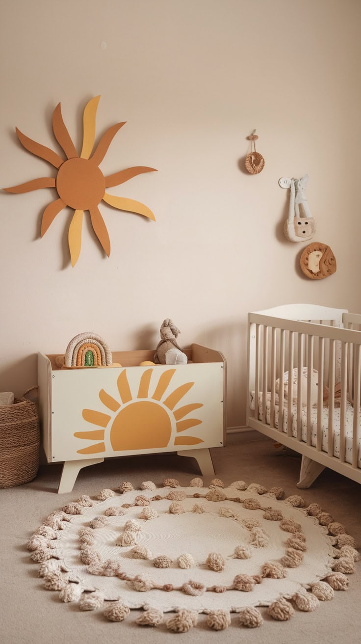 A cozy nursery featuring a sun-themed toy storage box and a soft round rug.