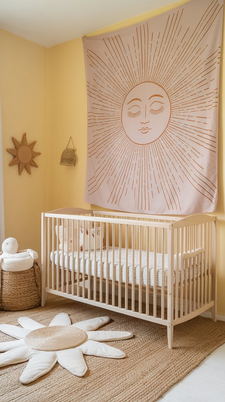 A cozy nursery featuring a sun-themed wall tapestry, a crib, and a flower-shaped rug.