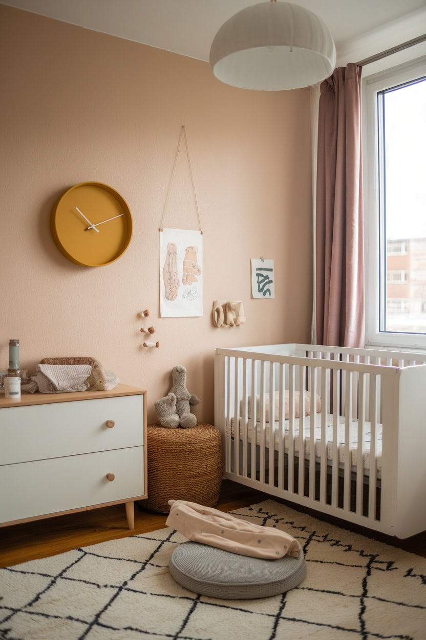 A nursery featuring a mustard yellow wall clock, light pink walls, a crib, and decorative elements.