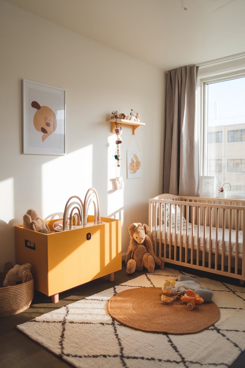 A mustard yellow toy chest in a nursery with a crib and plush toys.