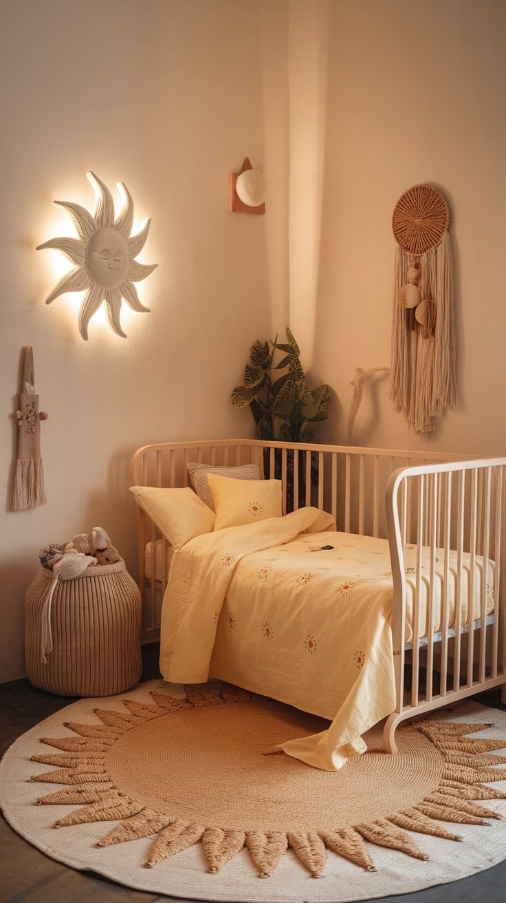 A cozy nursery with yellow bed linens and a sun-themed decor.