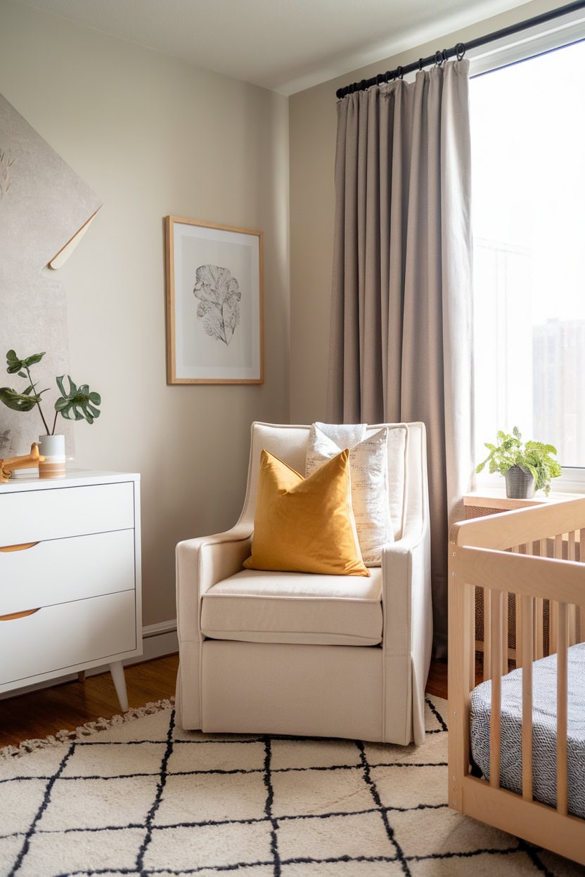 A nursery corner featuring a comfortable chair with mustard yellow throw pillows, a crib, and a stylish decor.