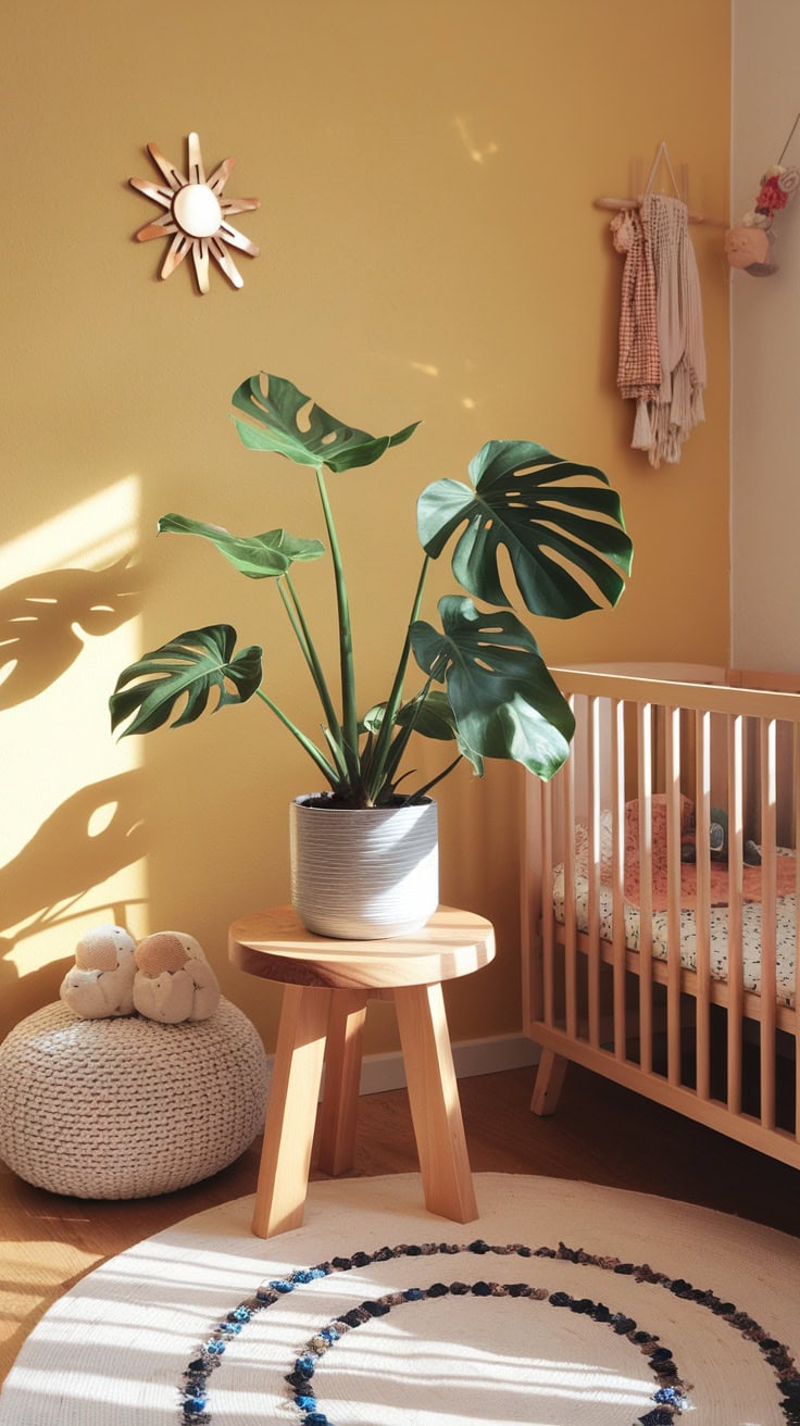 A cozy nursery with a large plant, a wooden crib, and a round rug.