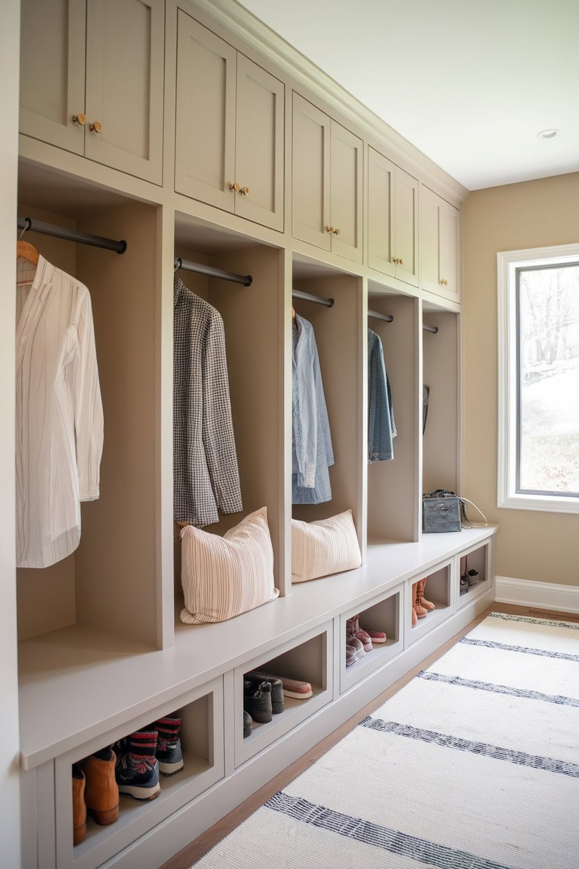 Mudroom with built-in cabinetry and lockers, featuring organized space for clothing and shoes.