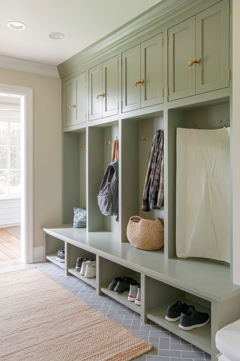 Custom built-in mudroom lockers with sleek paneled doors, offering organized storage for bags and shoes.