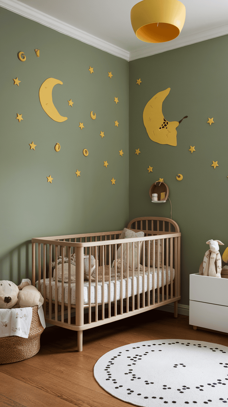 A nursery featuring a sage green accent wall with yellow moon and star decals.