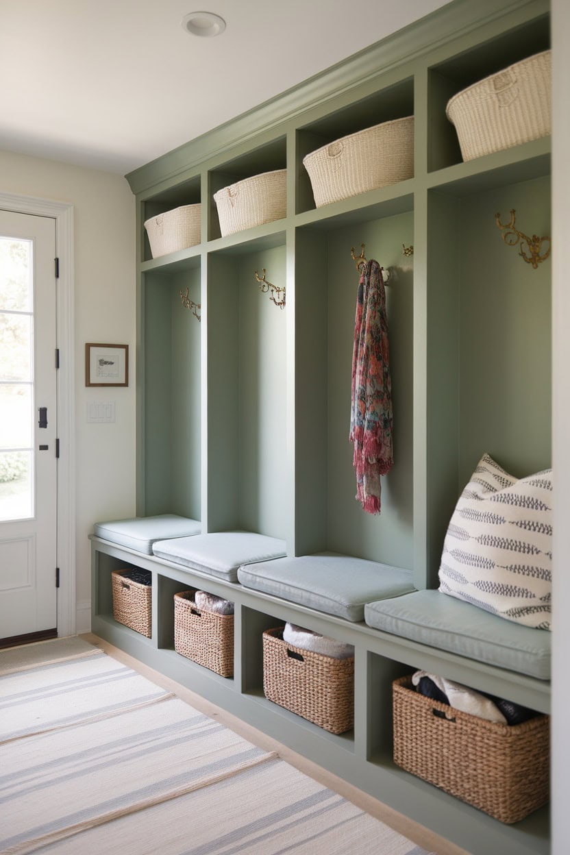 A stylish mudroom entryway featuring built-in lockers, a cozy bench, and storage baskets.