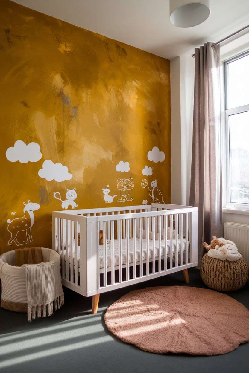 A nursery with mustard yellow walls featuring animal decals, a white crib, and cozy decor.