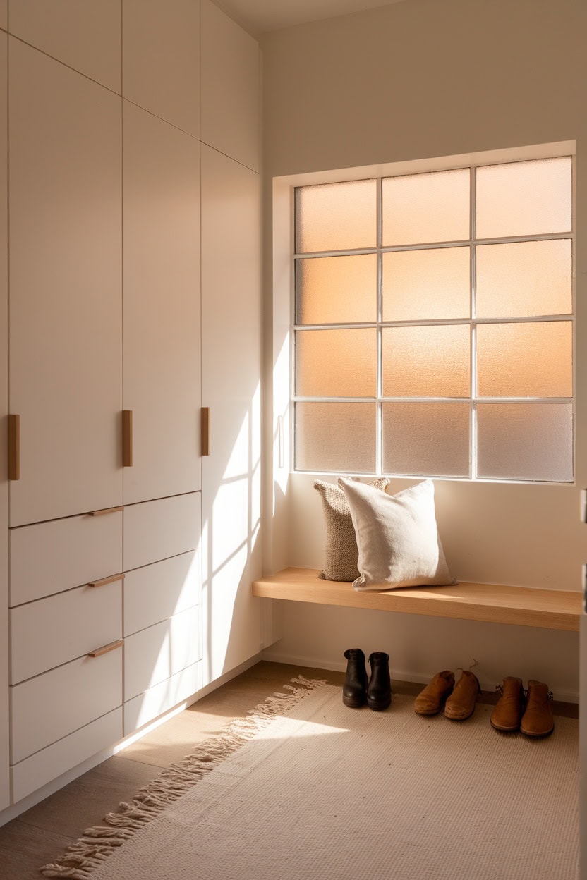 A Scandinavian-style mudroom featuring sleek built-in cabinets, a cozy bench, and natural lighting.