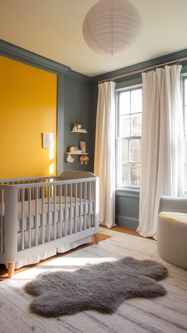 A nursery featuring a yellow accent wall and grey decor.