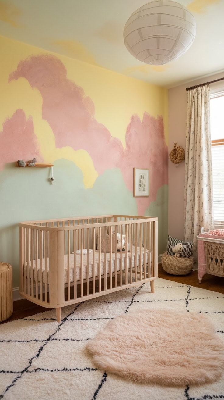 Pastel yellow nursery with cloud murals, crib, and soft decor.