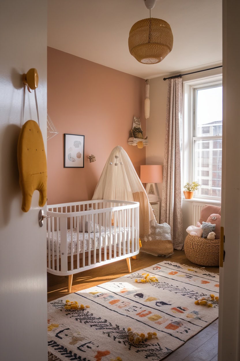 A mustard yellow door hanger hanging on a white door leading into a cozy nursery.