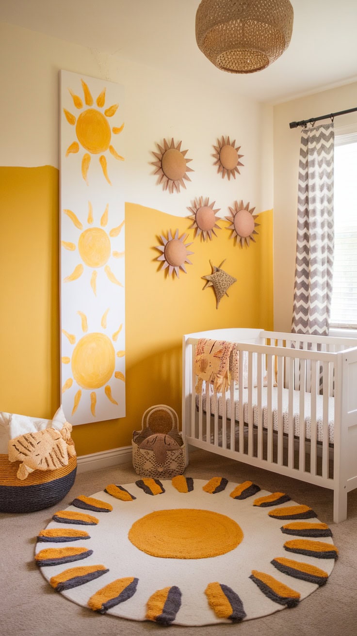 Boho nursery with sun-themed growth chart and decor.