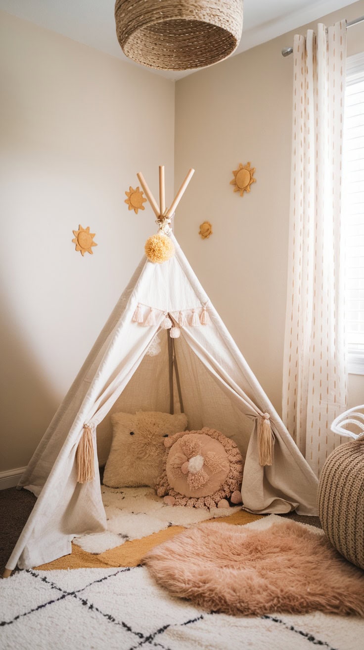 A cozy boho teepee in a nursery, surrounded by soft pillows and blankets.