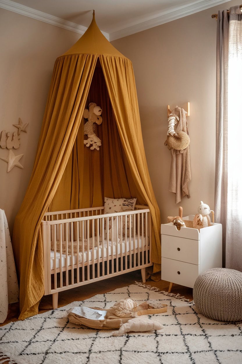 A nursery featuring a mustard yellow canopy above a crib, creating a cozy and inviting space.