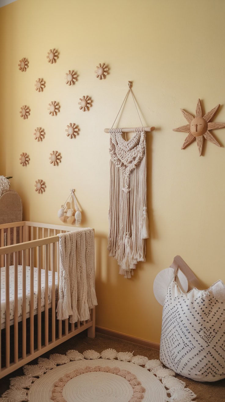 A cozy boho nursery featuring wall hooks, a crib, and cheerful decor.