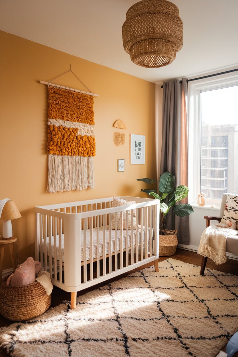 A nursery featuring a mustard yellow wall hanging with a crib and decorative elements.