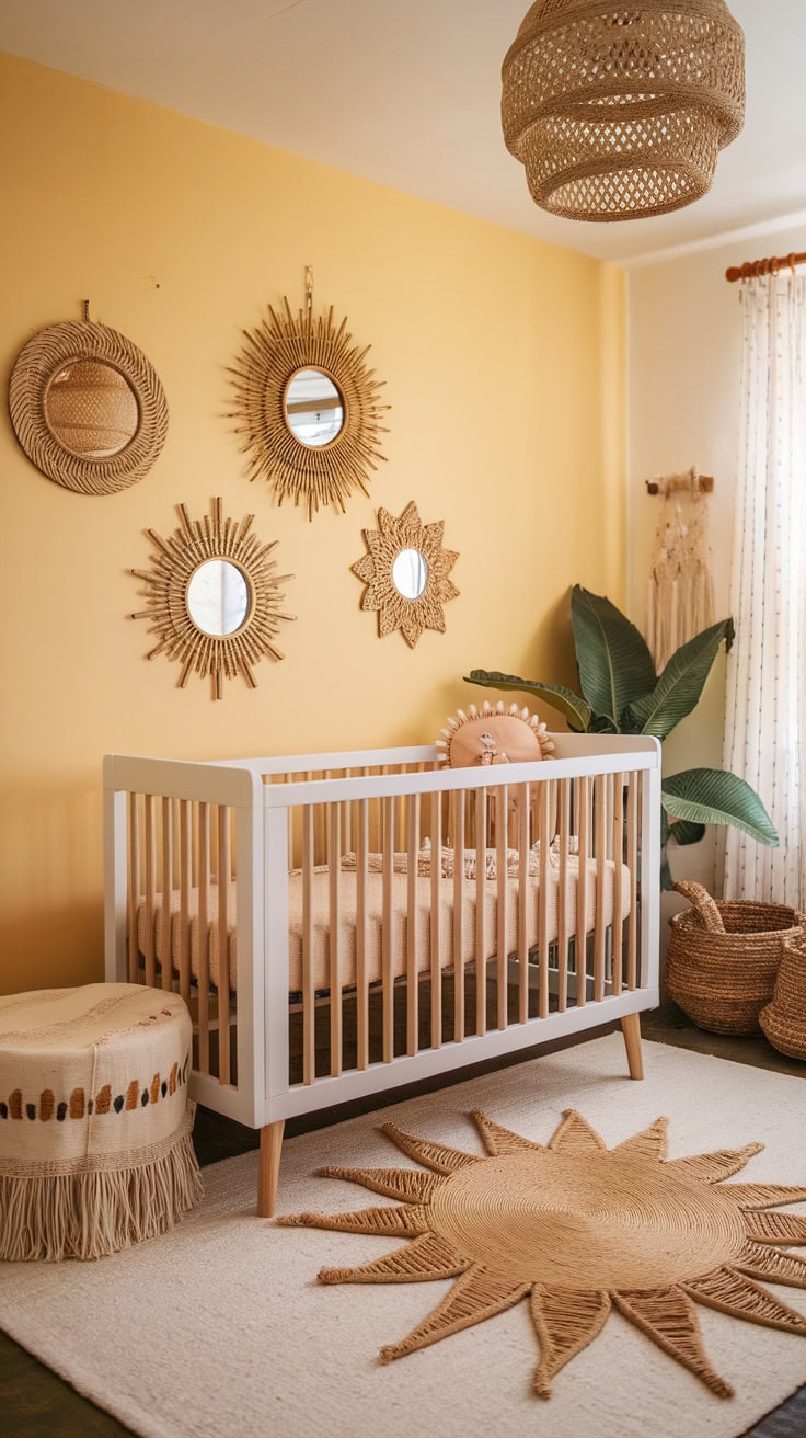 A cozy nursery with hanging sun mirrors on a yellow wall, featuring a crib and natural decor.