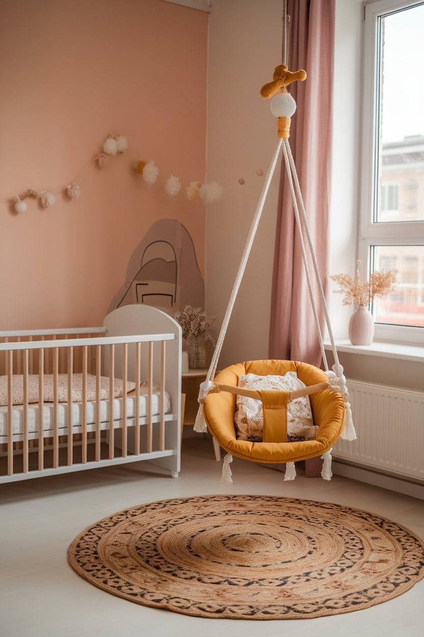 A cozy nursery featuring a mustard yellow baby swing, a crib, and a decorative rug.