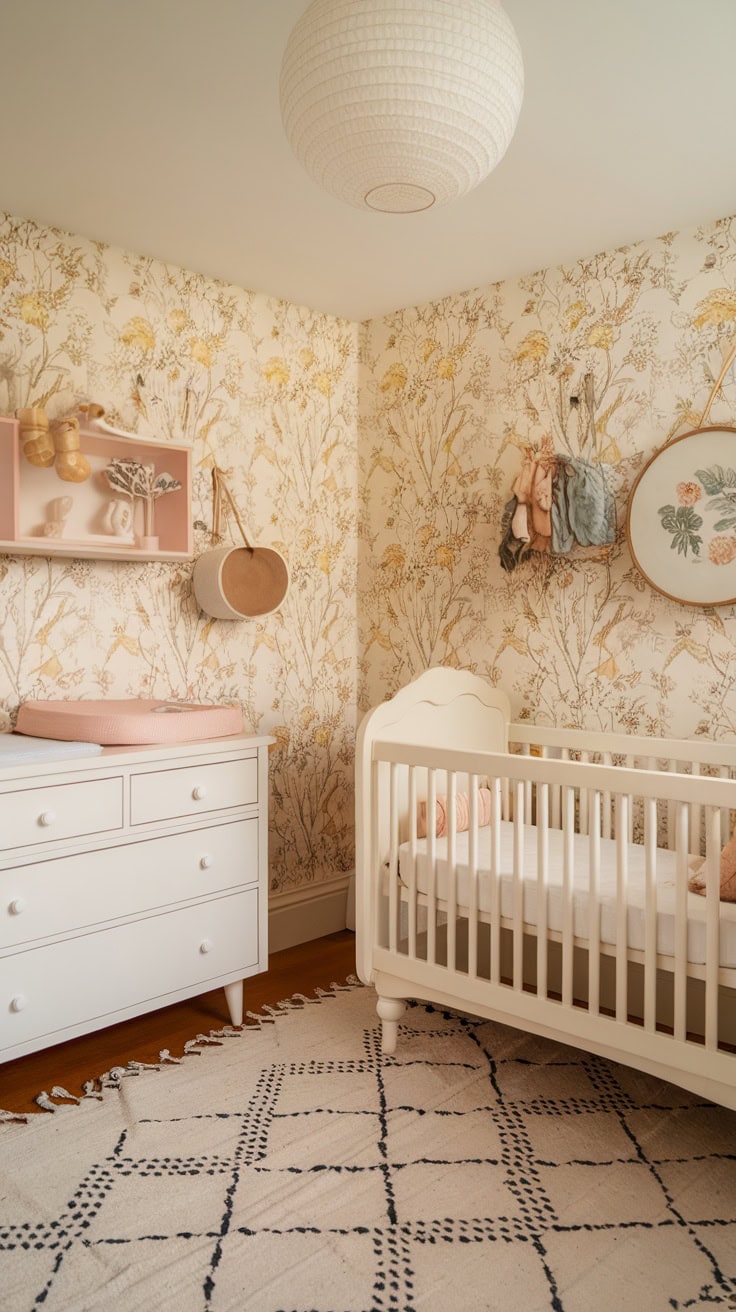 A pastel yellow nursery with floral wallpaper, white furniture, and a cozy rug.