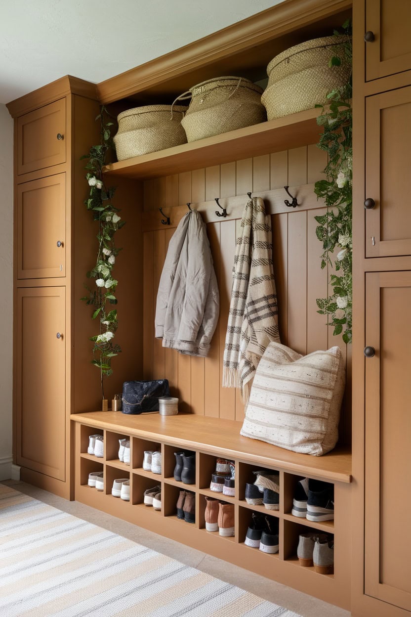 A cozy mudroom featuring classic cabinetry with open shelving, hooks for coats, and a shoe storage area.