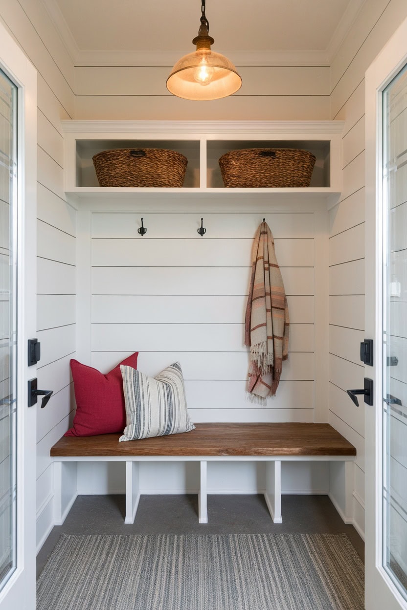 A cozy mudroom with a wooden bench, colorful pillows, and storage baskets.