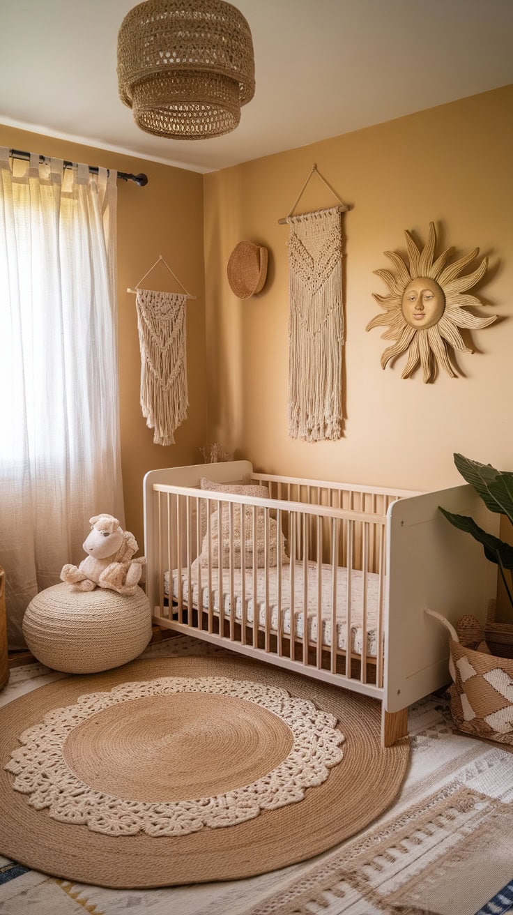 A boho-style nursery featuring a crib, natural decor, and textured rugs.