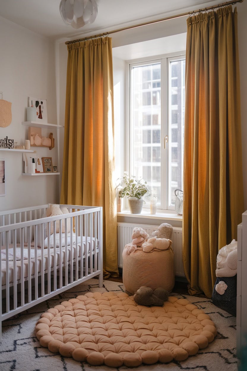 Bright mustard yellow curtains hanging in a cozy nursery with a crib and plush toys.