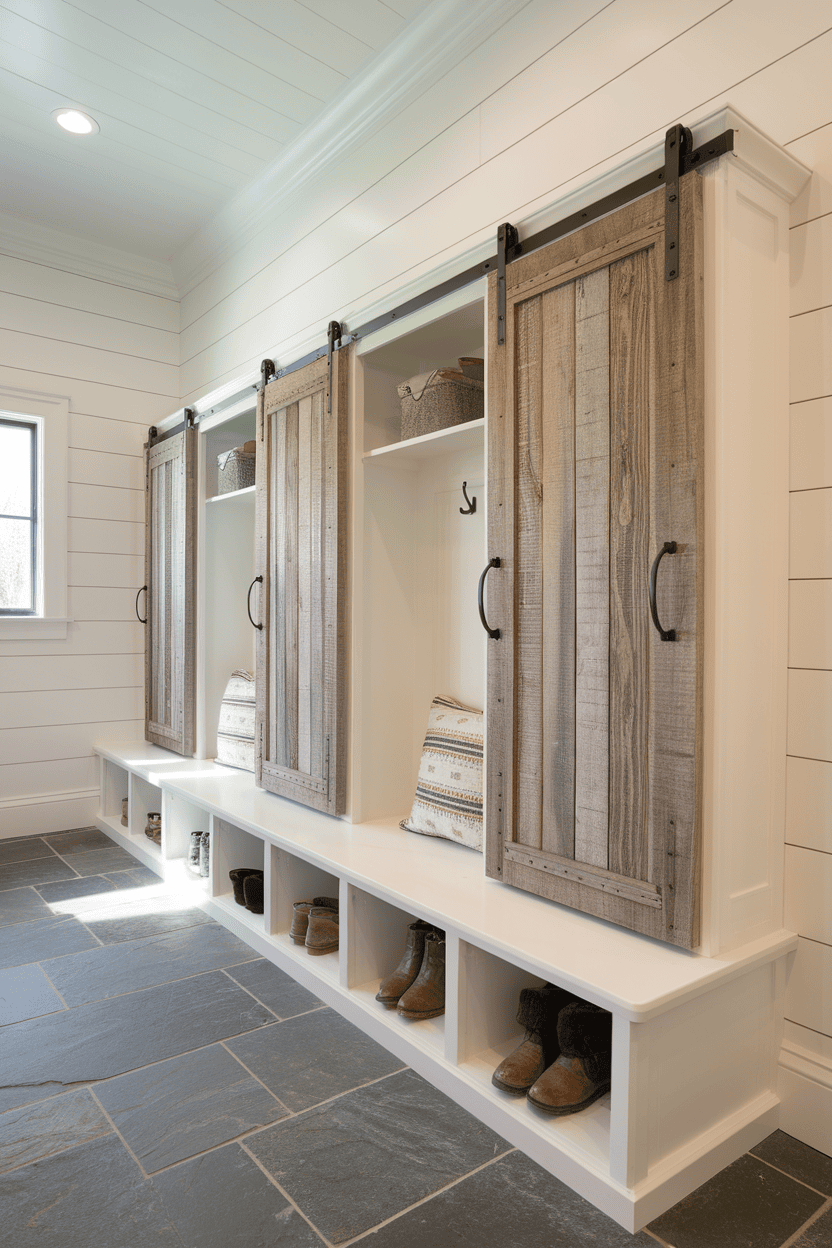 Rustic mudroom lockers featuring reclaimed barnwood doors and storage space.