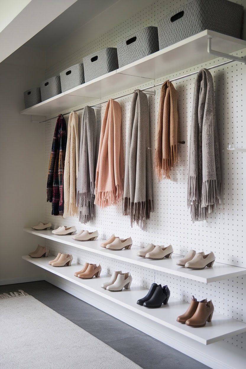 Scandinavian mudroom with pegboard organization featuring scarves hanging and shoes on display