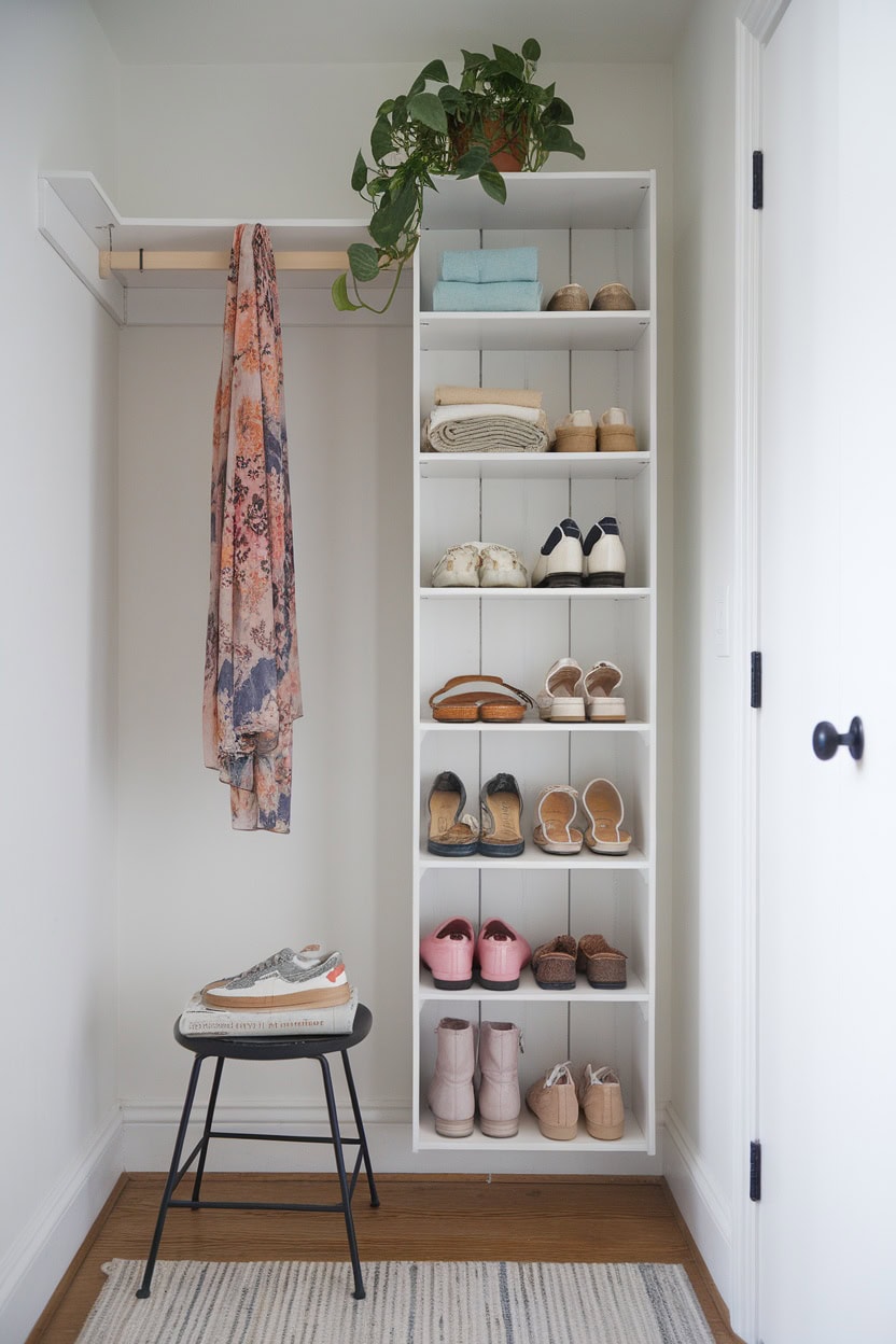 A small mudroom featuring a vertical storage tower with shelves for shoes and accessories.