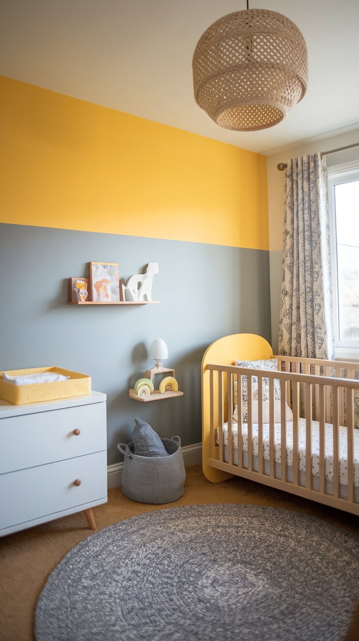 A nursery with two-toned walls in yellow and grey, featuring a crib and decorative items.