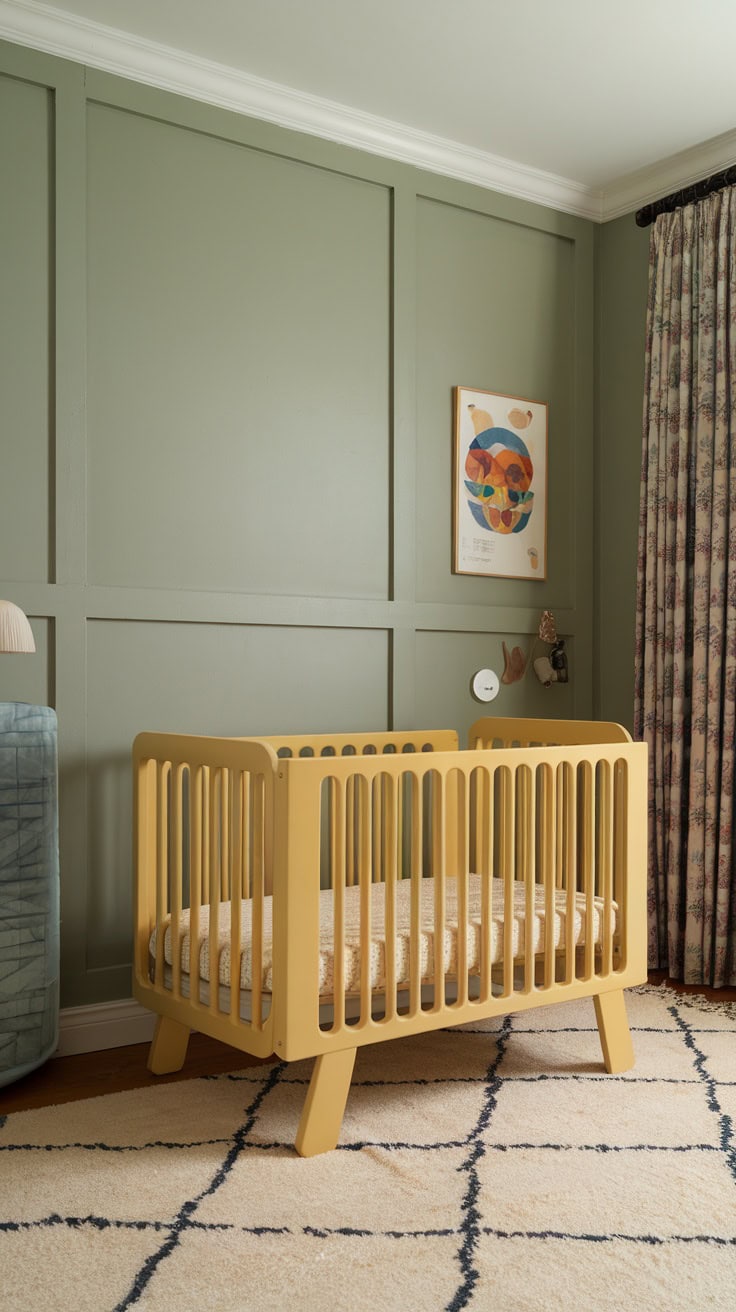 A cozy nursery featuring a yellow crib and sage green bedding, with a soft rug and patterned curtains.