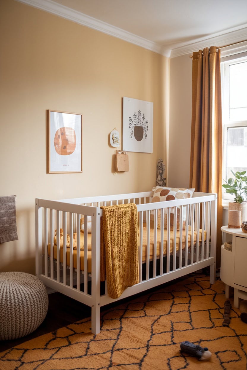 A cozy nursery with mustard yellow bedding and decor.