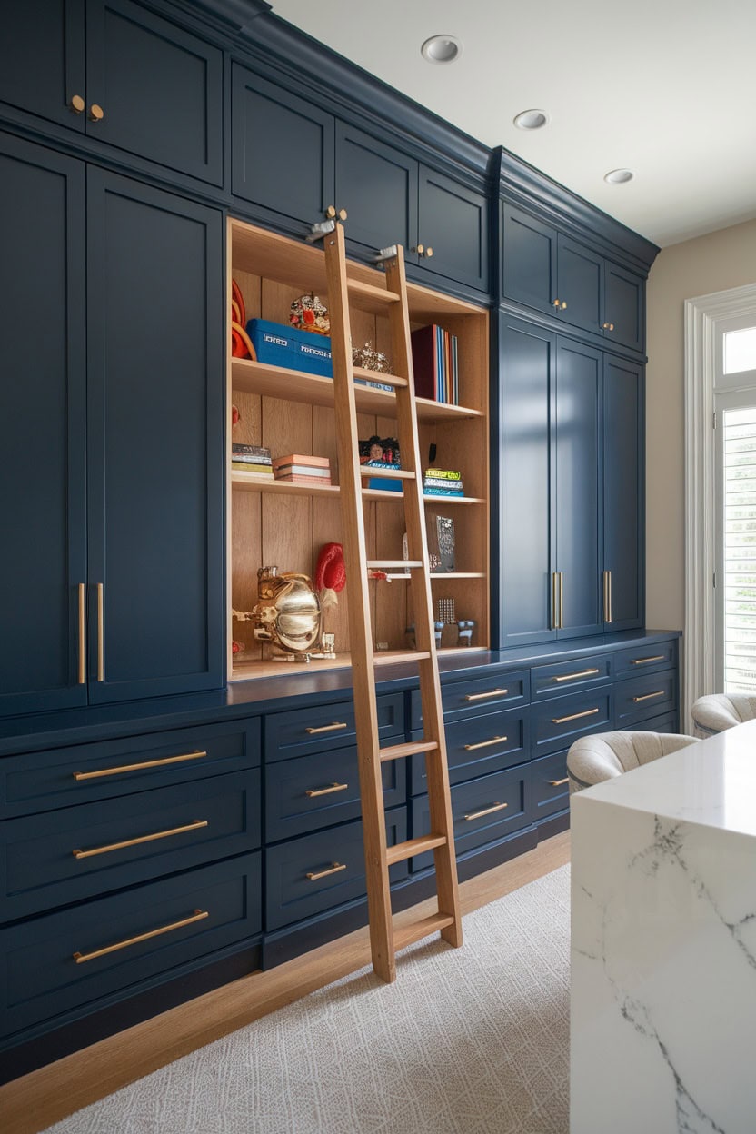 A modern mudroom with floor-to-ceiling navy cabinets and a wooden ladder for accessing upper shelves.