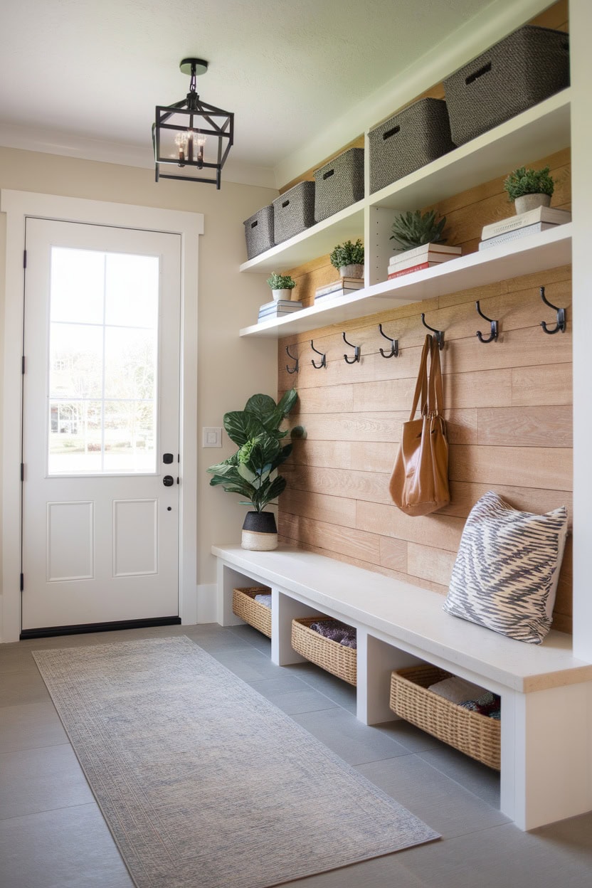 A modern front door mudroom with hooks, floating shelves, and a cozy bench.