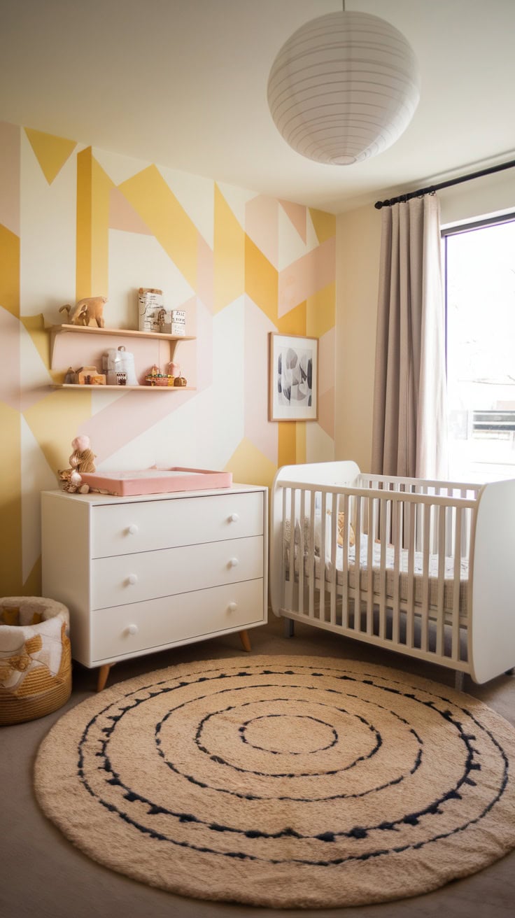 A pastel yellow nursery featuring geometric wall patterns, a crib, and a circular rug.